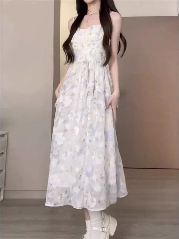 Elegant Blue Floral Print Strapless Long Dress with Lace Hemline Women's High-End Tea Break Outfit Two-Piece Set Fashionable