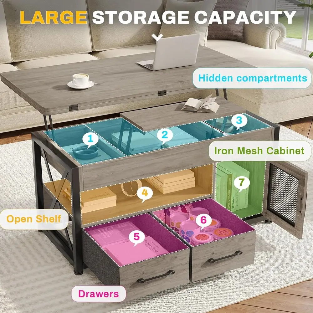 40 Grey Coffee Table with Storage, 4-in-1 Living/Dining Room Furniture, Small Space with Fabric Drawers and LED Lighting