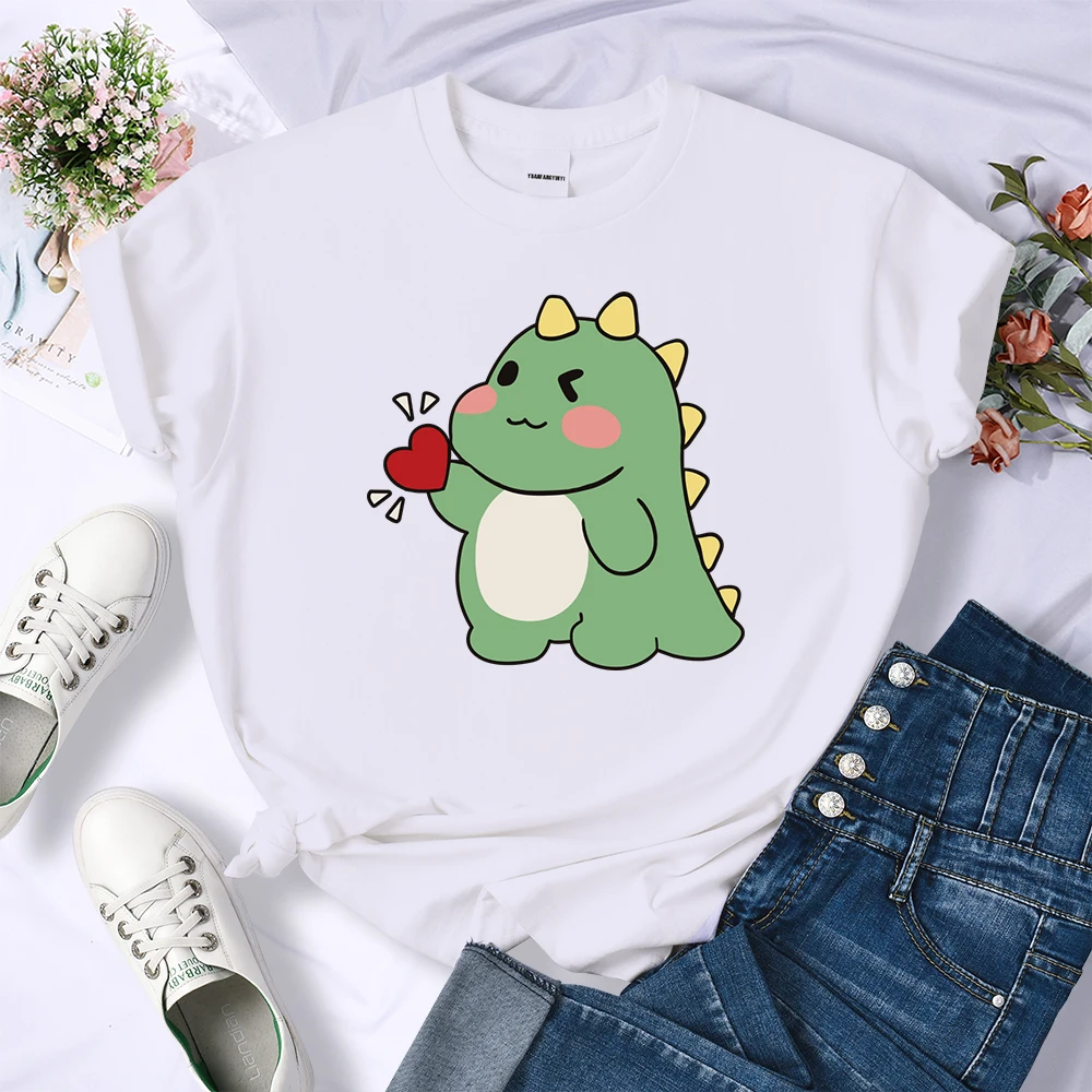 Cute Little Dinosaur Confesses Love Printing Tops Womens Soft Street T-Shirts Sport Hip Hop Tees Clothing Casual Short Sleeve