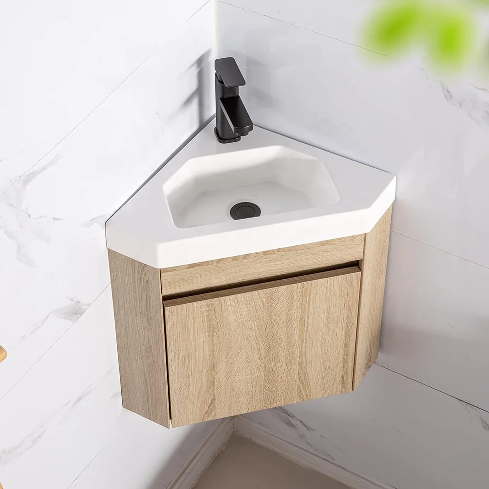 *-22 Inch Bathroom Wall Floating Small Oak Triangle Corner Vanity Cabinets Combo Set with Sink Accessories%
