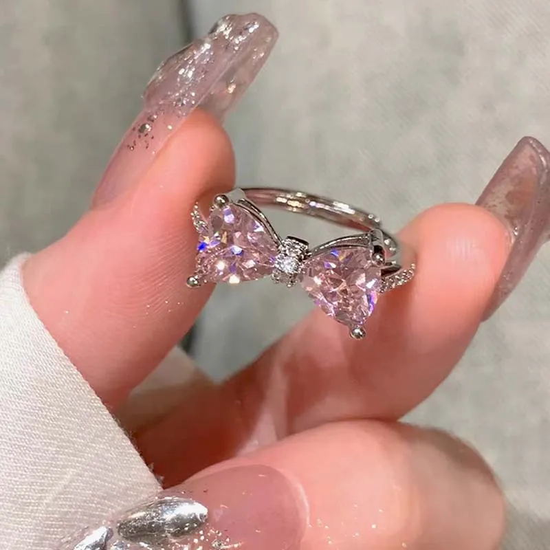 New Lovely Pink Bowknot Ring for Women Design Exquisite Romantic Female Ring with Zircon Bow Wedding Party Dating Jewelry Gifts