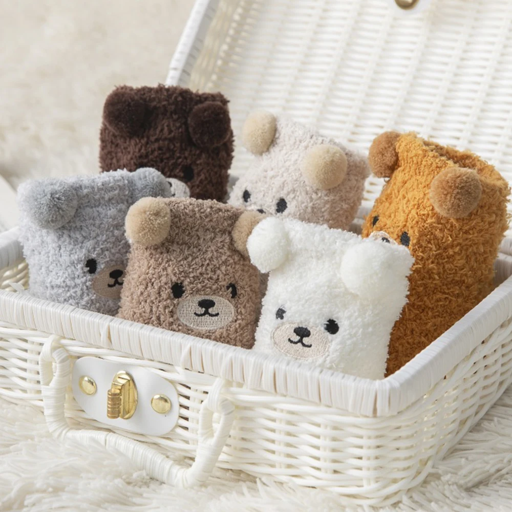 Cute Animal Bear Thick Coral Fleece Fuzzy Socks Home Floor Sleep Sock Female Autumn Winter Warm Funny Socks  Sleep Socks