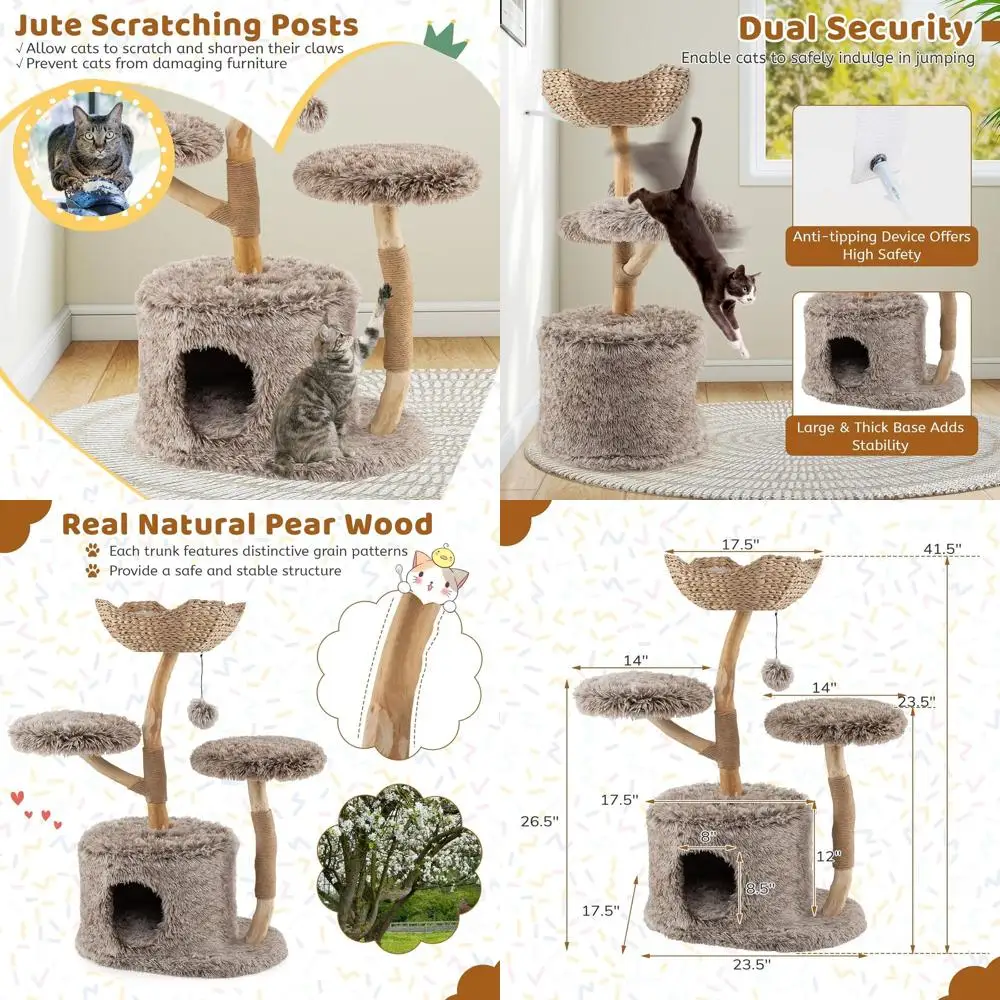 

41.5 Multi-Level Real Wood Modern Cat Tower with Jute Scratching, Dangling Ball, Cozy Perch, 2 Jumping Platforms, Plush Covered