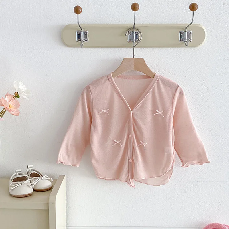 2026 Summer Clothing New Girl's Hot Selling Western Style Sweet Bow Thin Solid Color Air Conditioning Clothes Cardigan