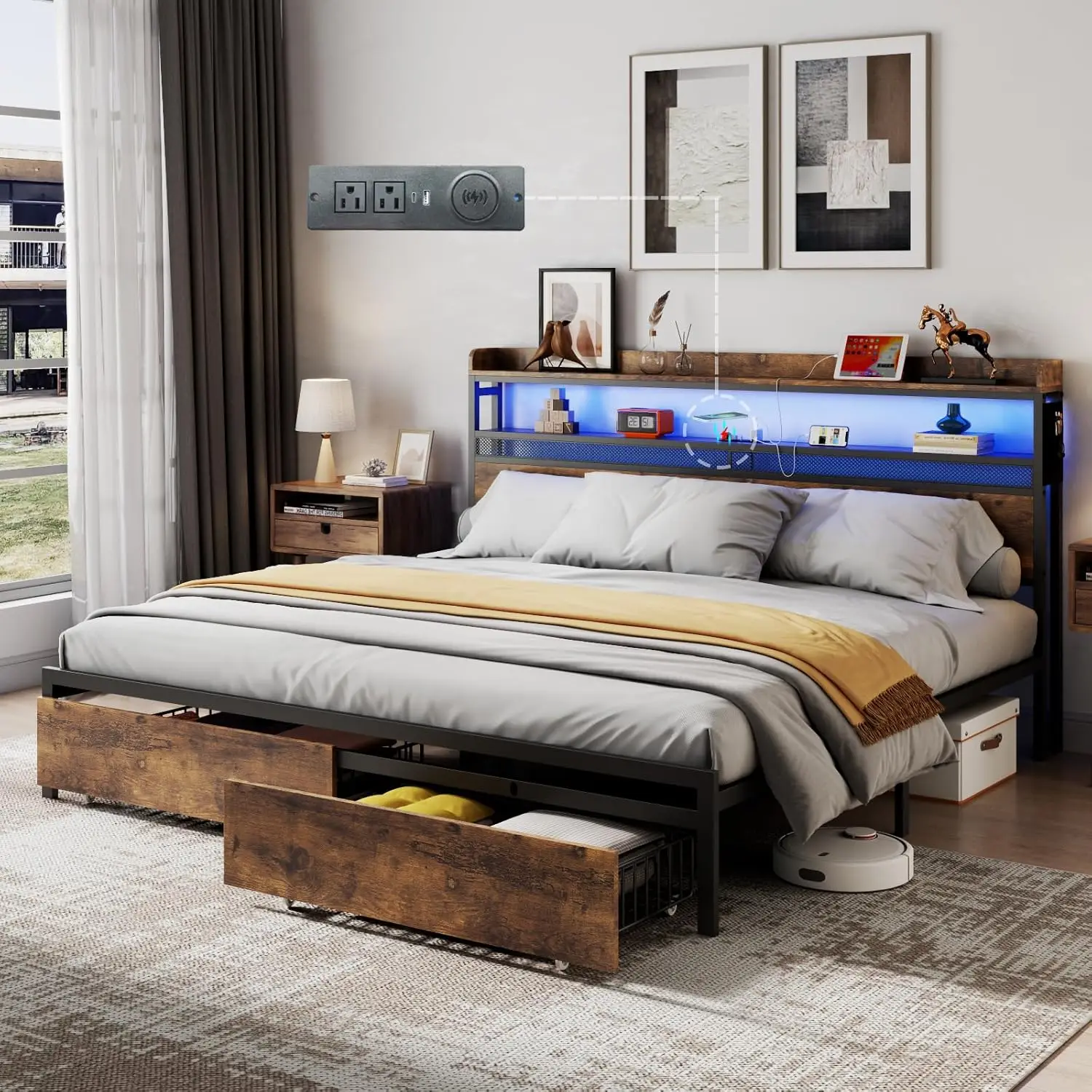 Cama King Frame com 2 Gavetas De Armazenamento, Cama LED Frame com Estação De Carregamento, Plataforma De Metal, Cabeceira De 2 Camadas