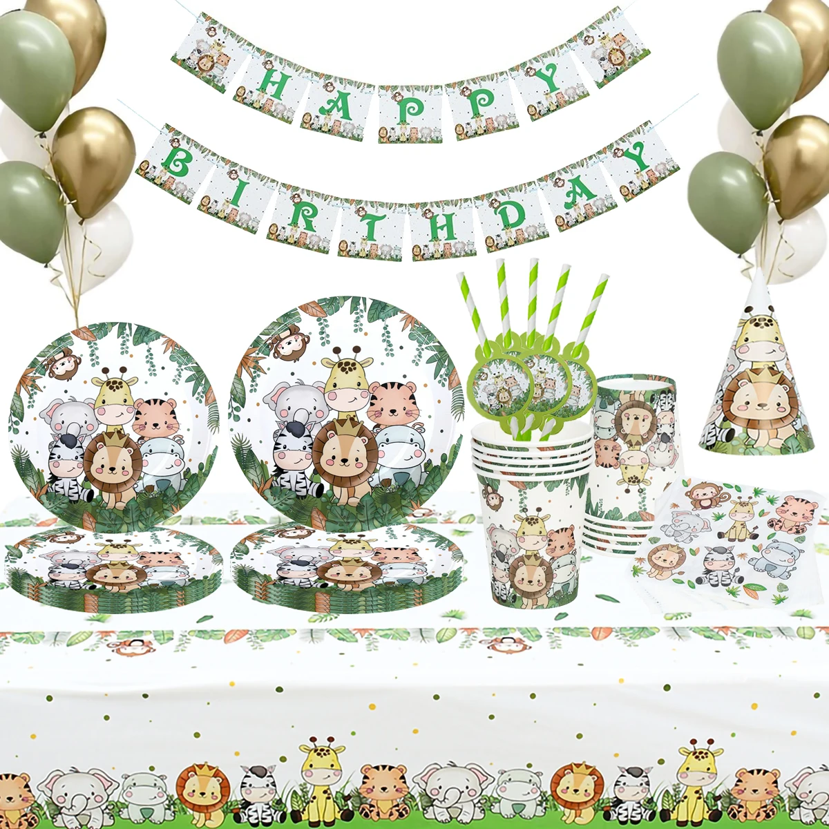 

Jungle Animal Supplies Tableware Happy Birthday Party Decorations Kids Boy Jungle Safari Theme Party Decor Green Forest Woodland