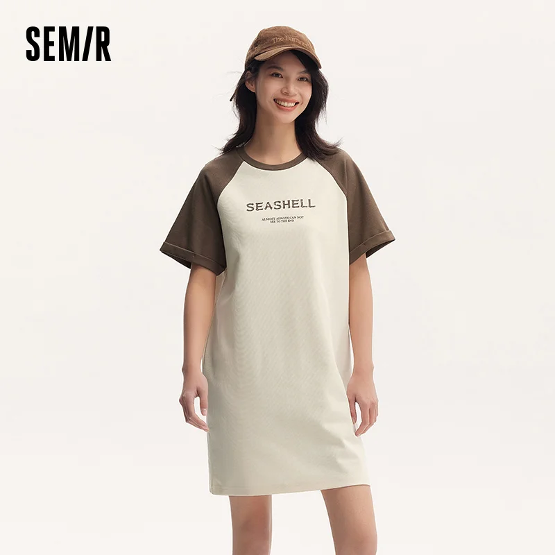 Semir Dress Women Printed Loose T-shirt Dress 2024 New Summer Version Color-blocking Raglan Sleeve Short Dress