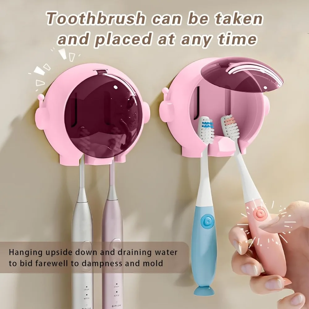2 Pack Pink Cartoon Astronaut Wall Mount Toothbrush Holder, Punch-Free Self-Adhesive Waterproof Toothpaste Organizer, Splash-Proof Tooth Brush Storage Rack for Shower Vanity Restroom