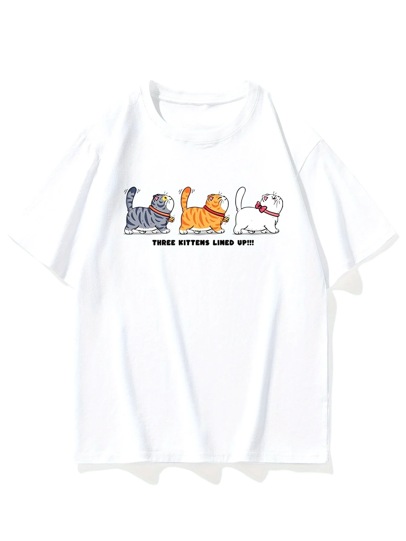Three Kittens Lined Up Graphic Tee Soft Cotton Short Sleeve Casual T-Shirt Daily Wear Unisex