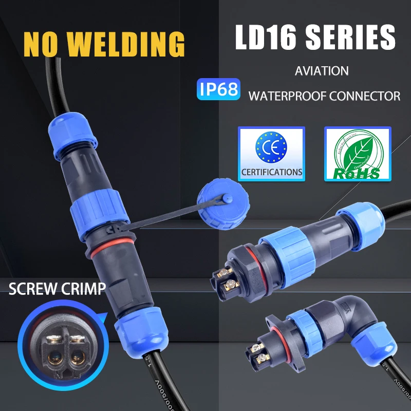 LD16 IP68 Waterproof Connector Socket Plug Back Nut Docking Flange 2 Pin 3 Pin 4 Pin Screw Crimping Without Welding Connector