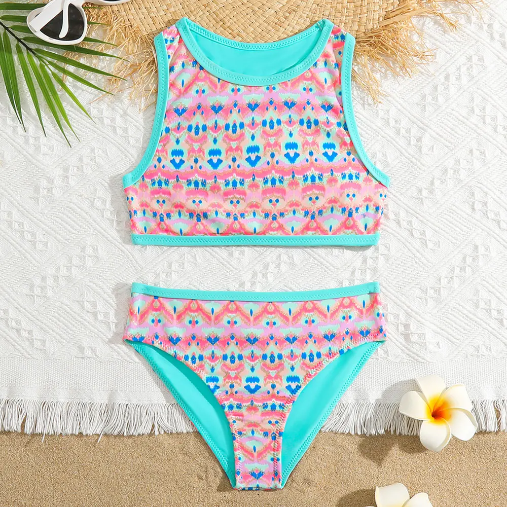 Girls Ethnic Print Bikini Swimsuit Kids Beach Sport Revisable Two Piece Children\'s Swimwear 3-12 Years Toddler Bathing Suit 2023