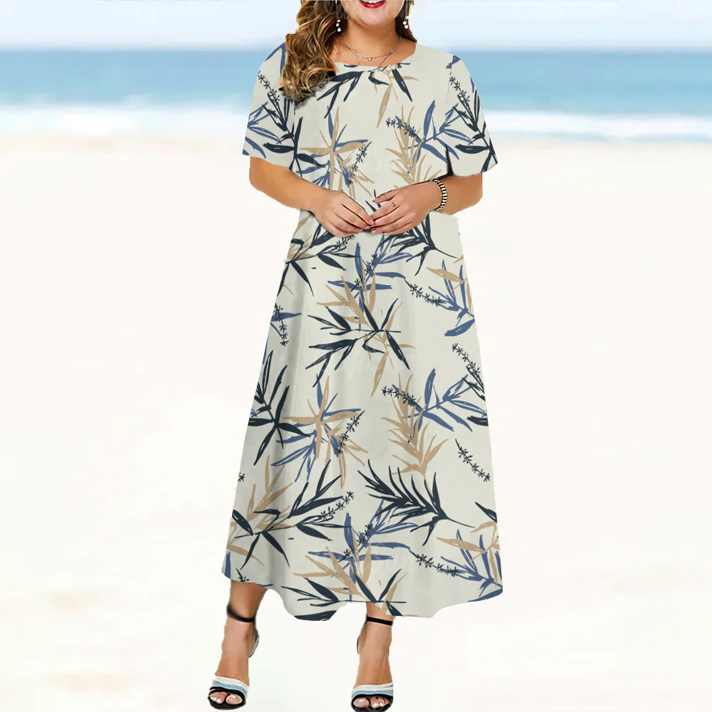 2024 Chinese Design Damesjurken Bamboe Print Elegante En Mooie Midi Jurken Plus Size Dames Jurk Met Korte Mouwen Zomer