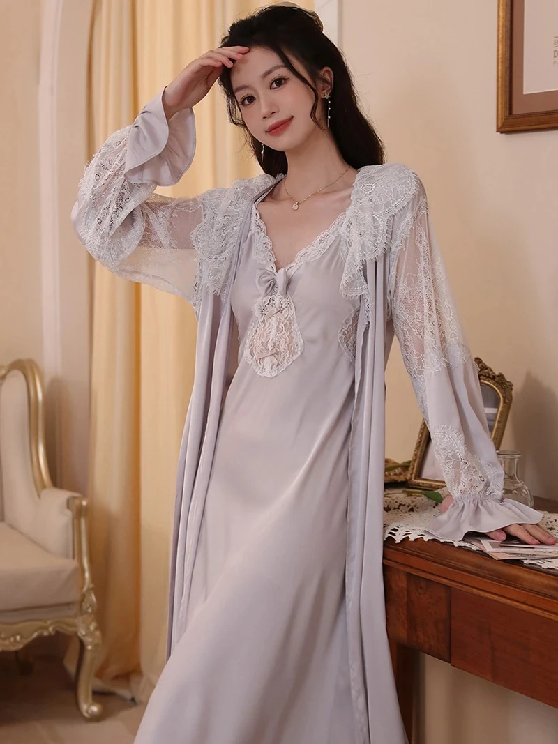 Women\'s Bathrobe Set 2 Pcs with Nigtdress Solid Lace Autumn Ladies Long Dressing Gown Sexy French Style Bath Robe for Female