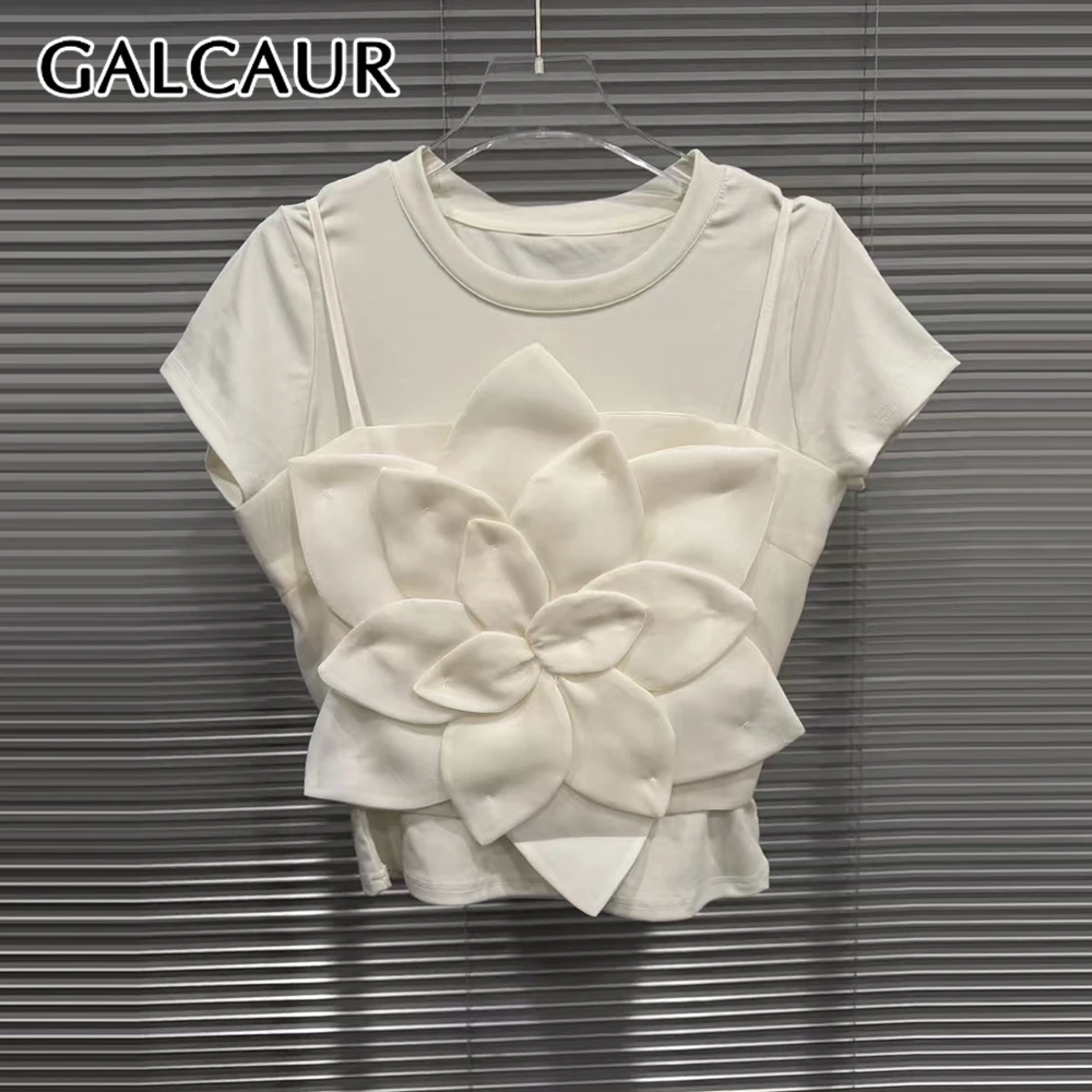 

GALCAUR Slimming 3 Piece Sets for Women Round Neck Short Sleeves T Shirt Spliced 3D Flower Sling Patchwork Bow Skirt Set Female