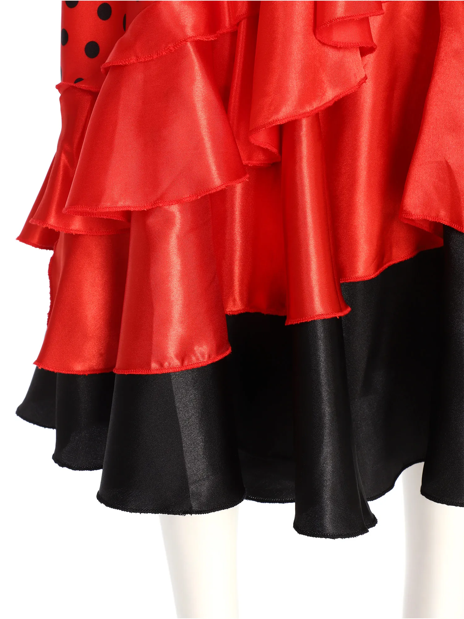 Gonna da ballo di flamenco spagnolo per ragazze Gonne lunghe con volant in raso a pois Classico Flamengo Gypsy Dancewear Costume da spettacolo teatrale