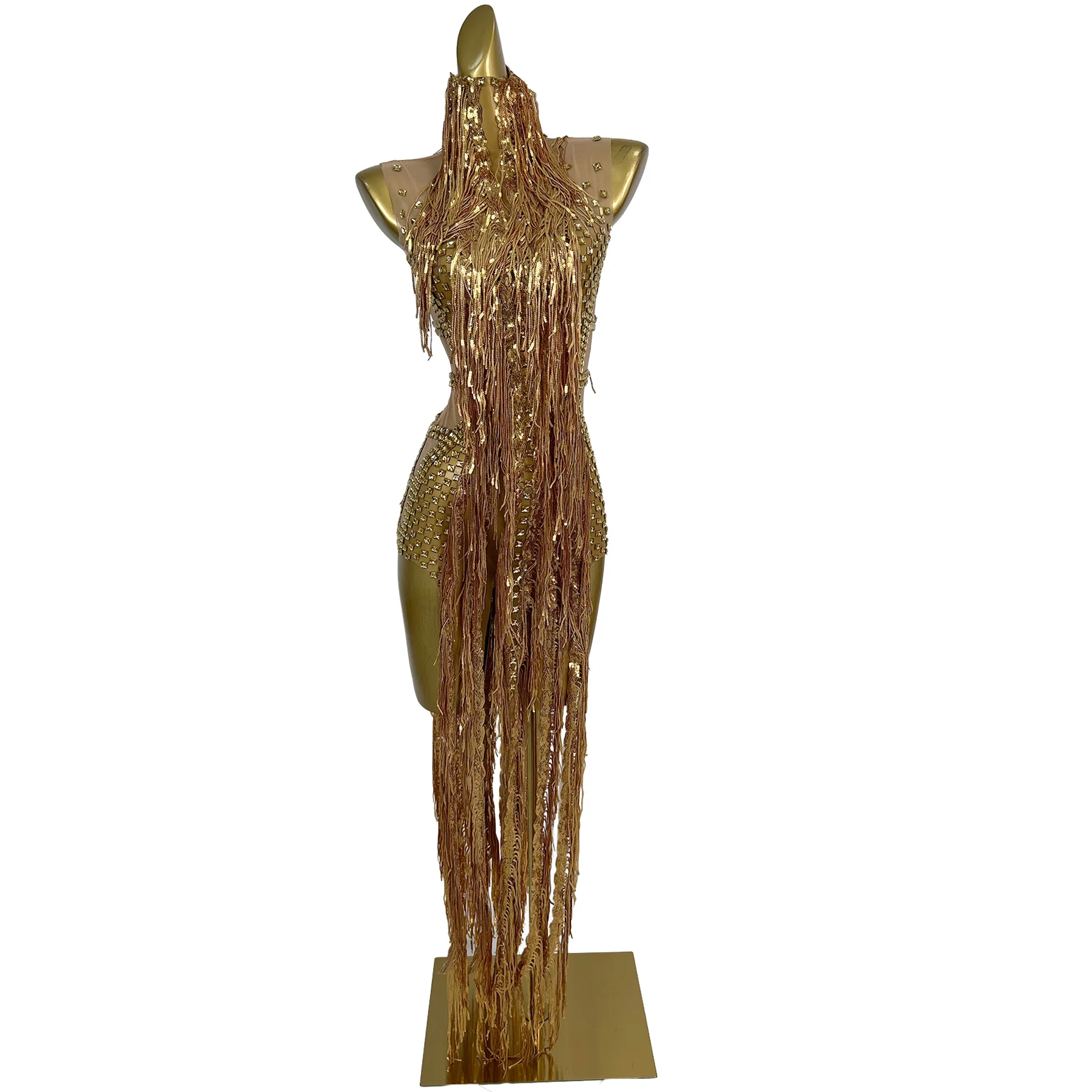 

Jintiao Sparkling Gold Diamond Tassel Dress See Through Mesh Women Prom Gowns Birthday Cocktail Dress Bespoke Occasion Dress