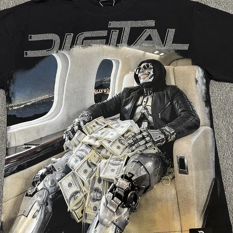 Summer Y2K DIGITAL T-Shirt Men Loose Private Jet Robot Skull Print Tee Gothic Hip Hop Streetwear Digital Short Sleeve Top