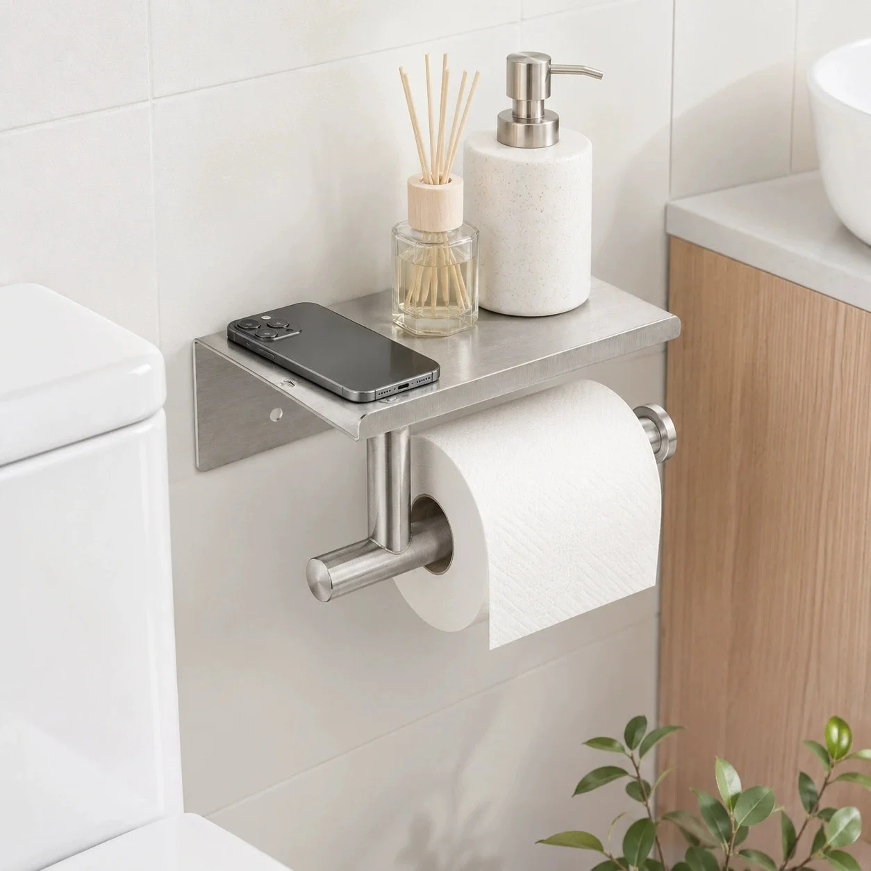Toilet Paper Holder Wall Mount, Fits Rolls Size Toilet Paper Holder with Shelf, Rustproof Stainless Steel Toilet Paper Holder