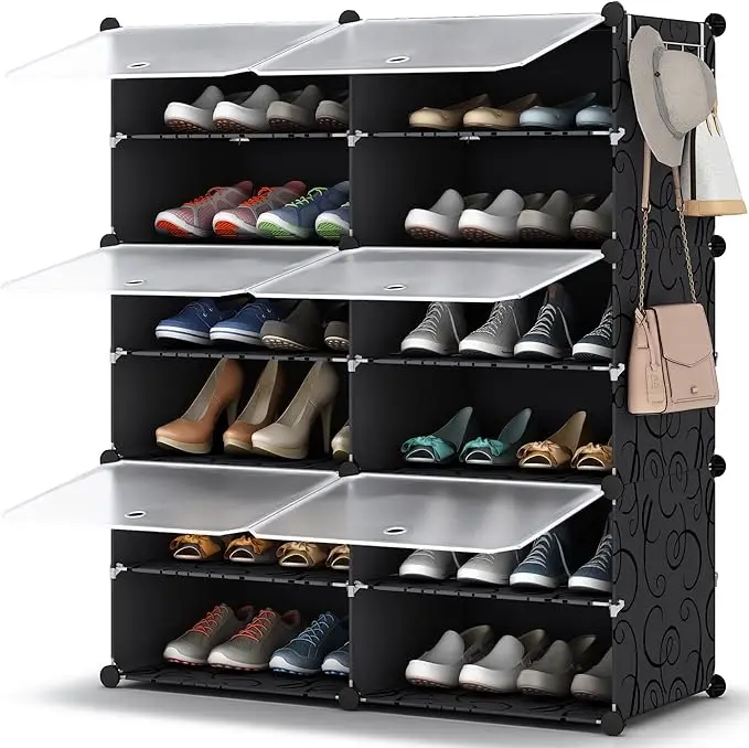 hoe Rack Organizer, 6 Tier Storage Cabinet 24 Pair Plastic Shoe Shelves for Closet Hallway Bedroom Entryway