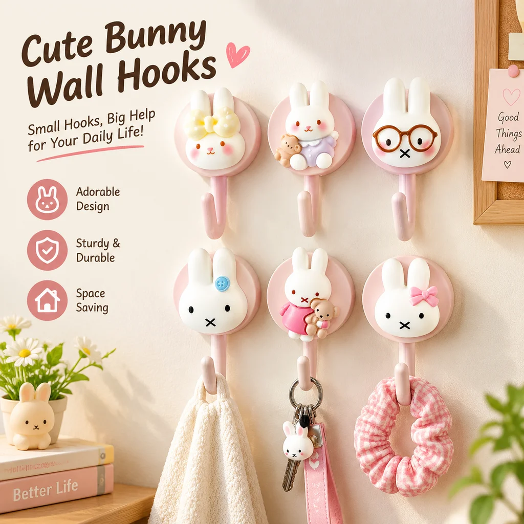 Miffy Rabbit Adhesive Hooks No Drill No Trace Heavy Duty Wall Hook for Kitchen Bathroom Dorm Door Creative Hanging Organizer
