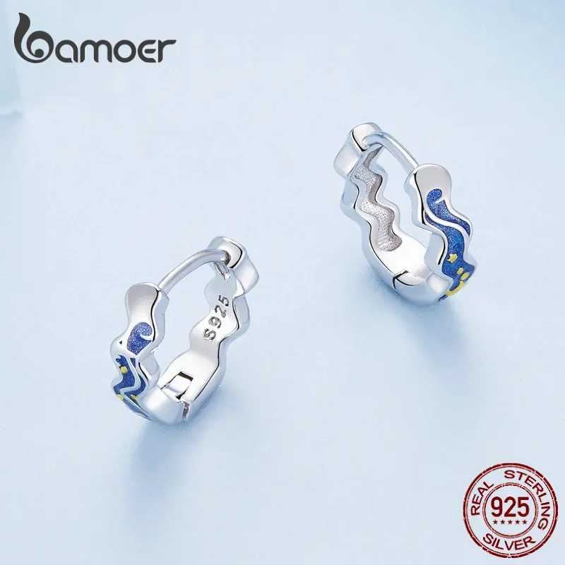 Bamoer 925 Sterling Silver Van Gogh's Starry Sky Ear Buckles Blue Enamel Hoop Earrings for Women Birthday Gift Fine Jewelry