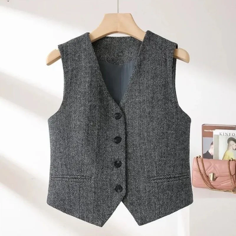 Autumn and Winter British Retro Style Equestrian Vest Women's New Outfit Versatile Western Style Coffee Color Herringbone Patter