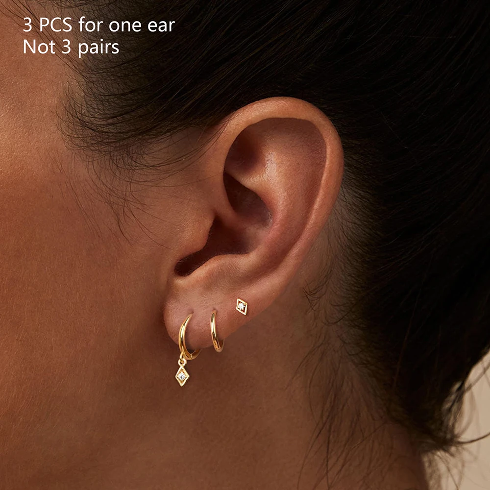 3Pcs New Gold Plated Rhombus Zircon Eye Pendant Charms Hoop Earrings Set for Women Fashion Huggies Party Dangle Jewelry