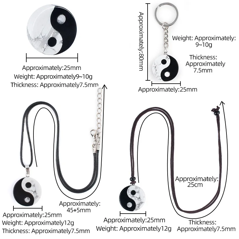 Howlite Obsidian Tai Chi Pendant Keychains Chinese Feng Shui Yin Yang Amulet Charm Rope Chain Auspicious Jewelry Gifts