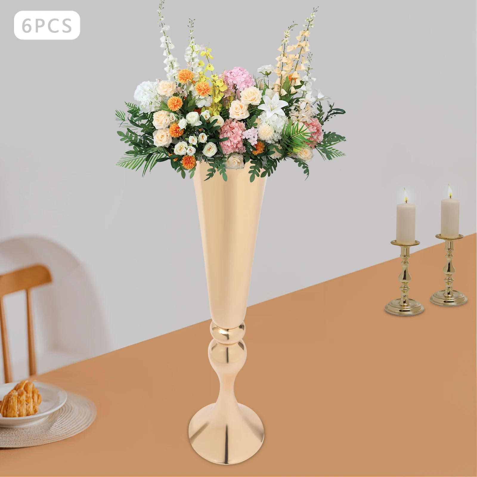 

13*56.5cm 6pcs Gold Trumpet Vases Desktop Mount Gold Metal Trumpet Centerpieces Flower Vase for Living Room Bedroom Kitchen