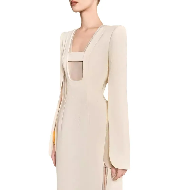 BEWQ Elegancka Sukienka Damska z Kwadratowym Dekoltem, Patchworkowa Gaza, Wysoki Stan, Rozcięcie na Rękawie, Sukienka Wieczorowa na Imprezę, Nowość Jesień 2025