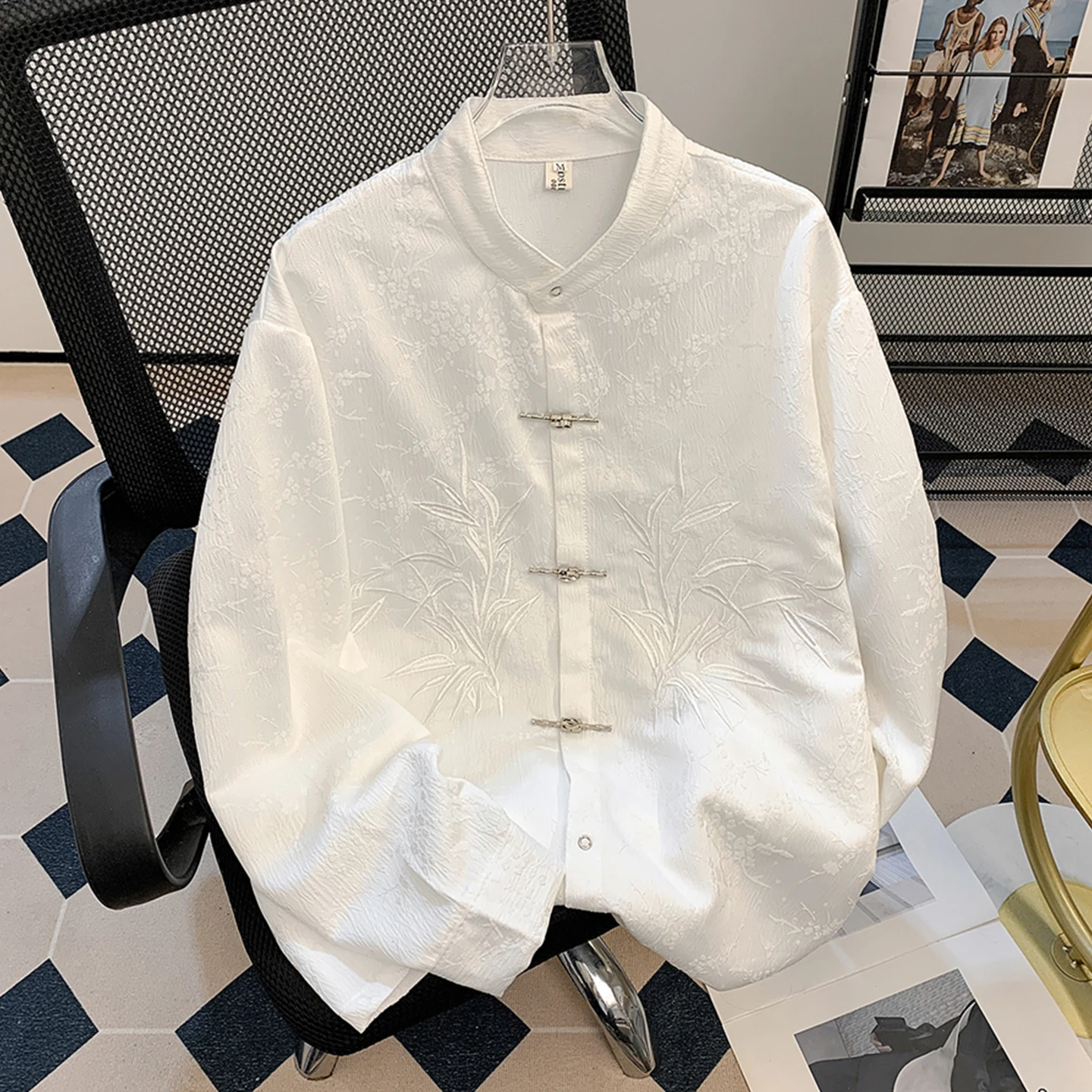 

New Chinese Sle Long Sve irt Men's National Sle High-End Embroidery Loose Stand Collar Tang Costume Jaet