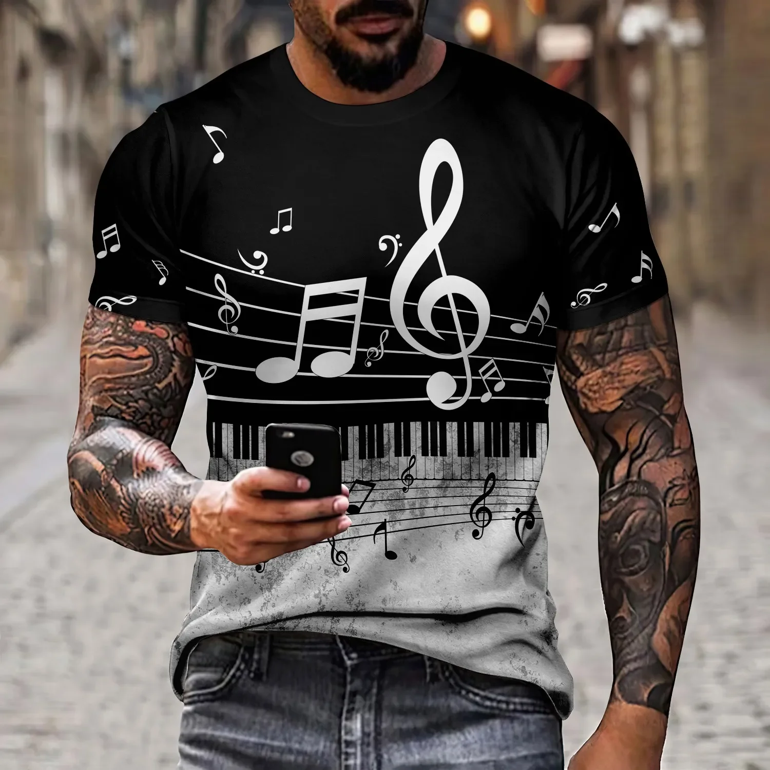 

2024 Men's 3d Instrument Music Symbol Printed T-Shirt Art Social Party Soft Round Neck Summer Casual Polyester Short Sleeved Top