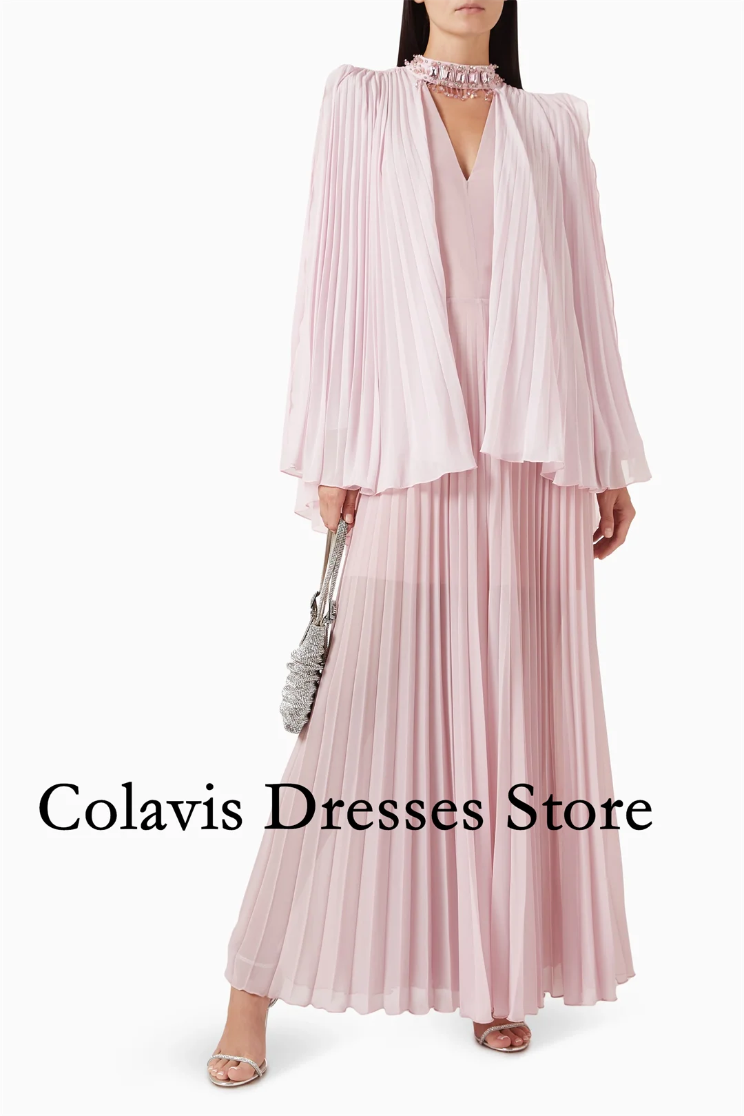 2025 Customized Beaded Neck Pleated Chiffon Cape Pink Prom Dresses Evening Dress Women Evening Gowns Formal Party Dress image 3