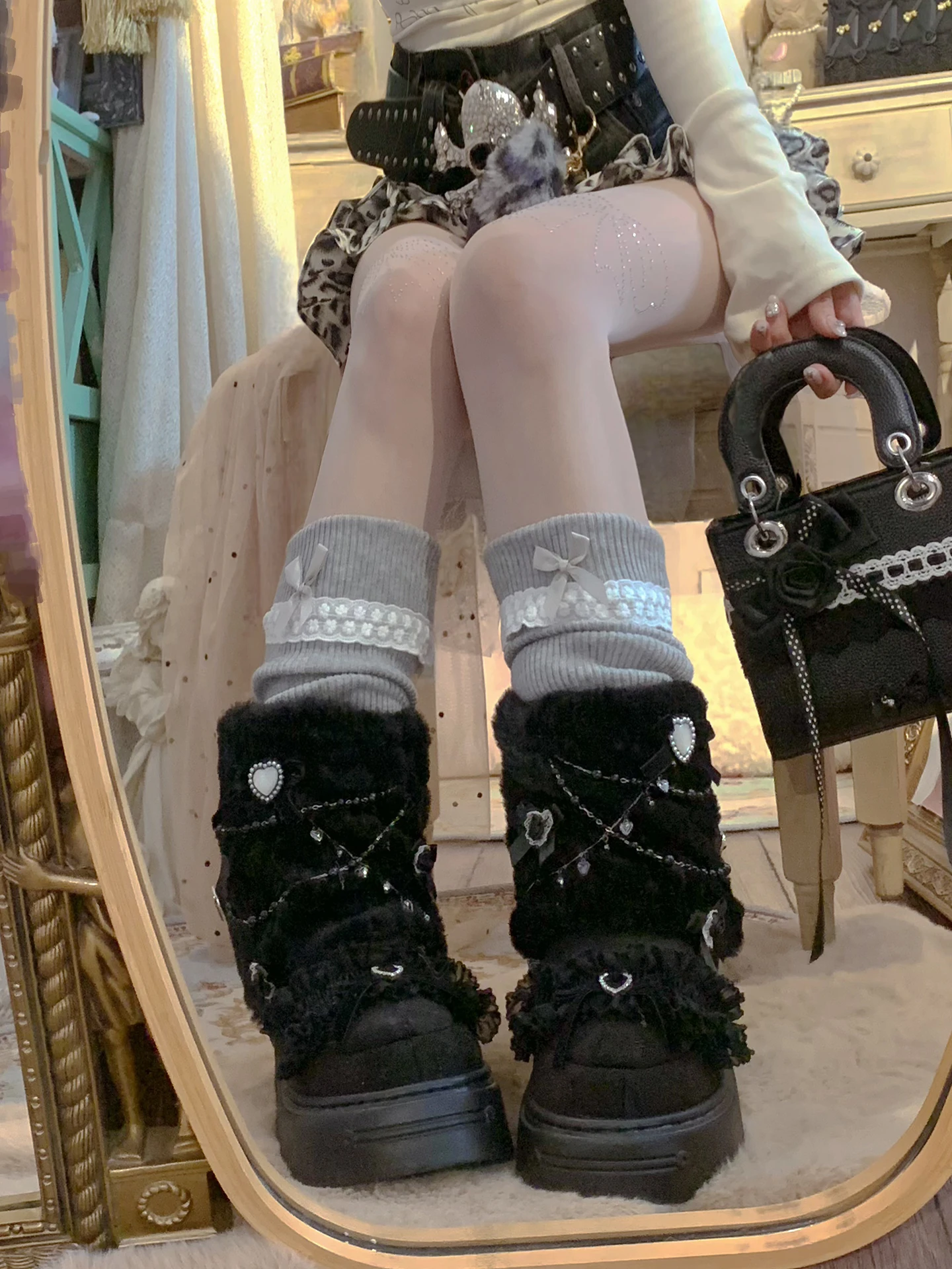 

Pinkyo Original Black Boots Autumn/winter Warm High Top Imitation Rabbit Fur Long Boots Sweet Lolita Girls' Snow Boots