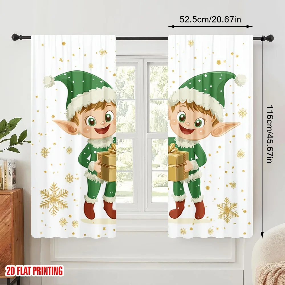 2pcs,2D plane printing Window Curtain Cute Elf Christmas Gifts (3) Polyester Fabric (without rod) All Seasons Perfect for Living