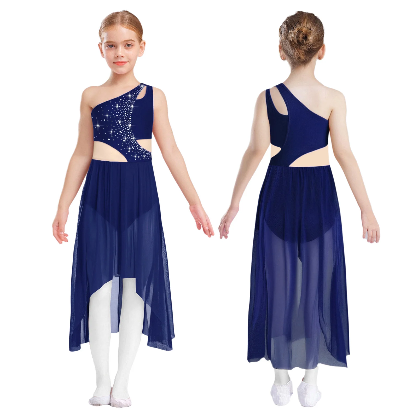 

Kids Girls Ballet Lyrical Dance Dress Rhinestones One Shoulder Sleeveless Cutout High-Low Maxi Dress Figure Skating Dancewear