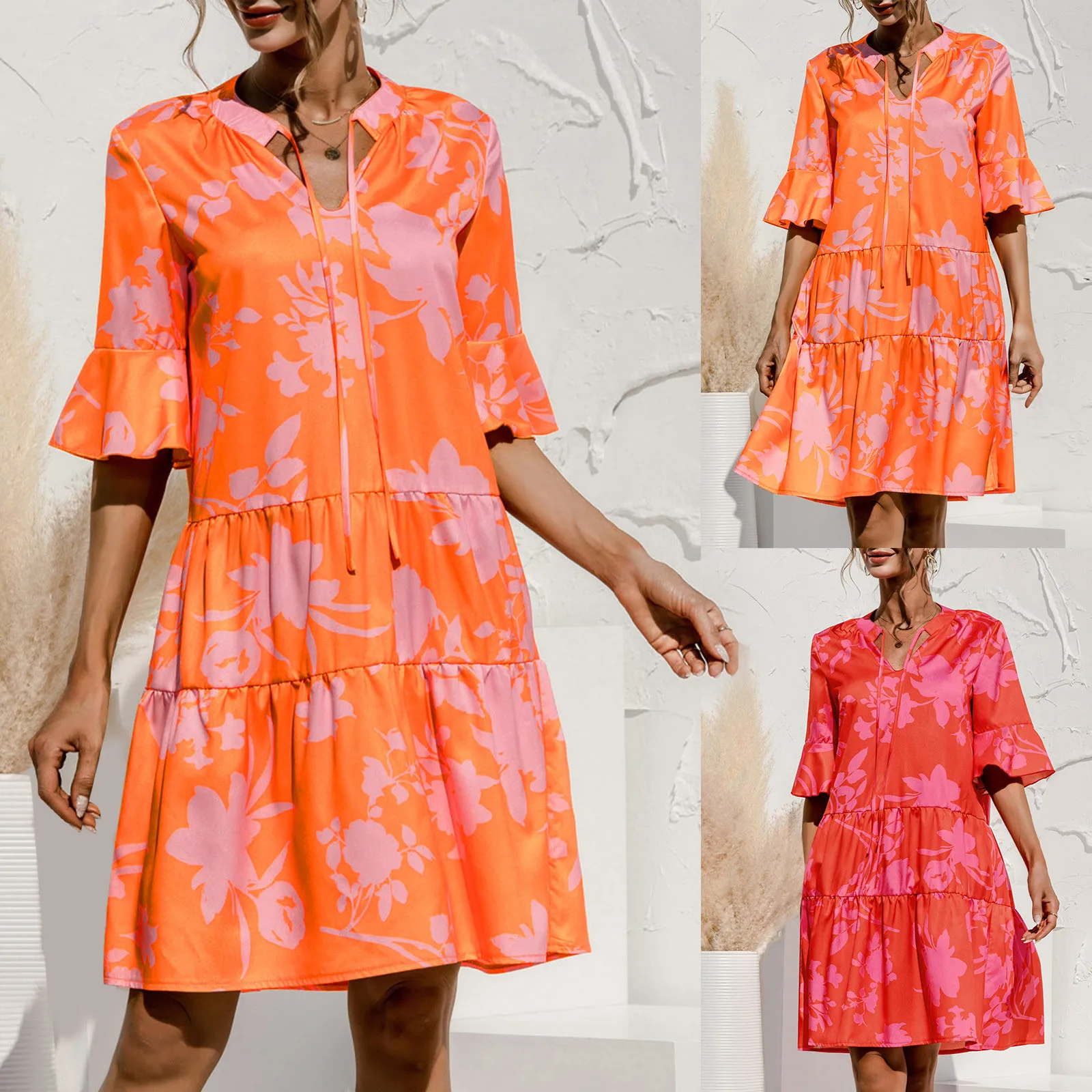 

Summer Women's Fashion Tie Dye Beach Dress Casual V Neck Loose Dress Seven Minute Flare Sleeve Large Size Versatile Dresses