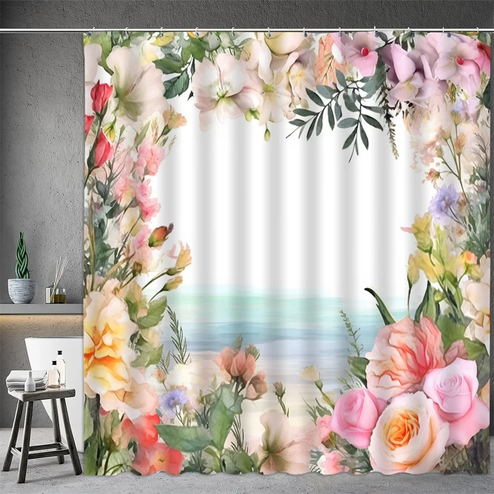 Flower Shower Curtain, Eiffel Tower Paris Sea Romantic Rose Elegant Polyester Fabric Bathtub Partition Screen Bathroom Decor