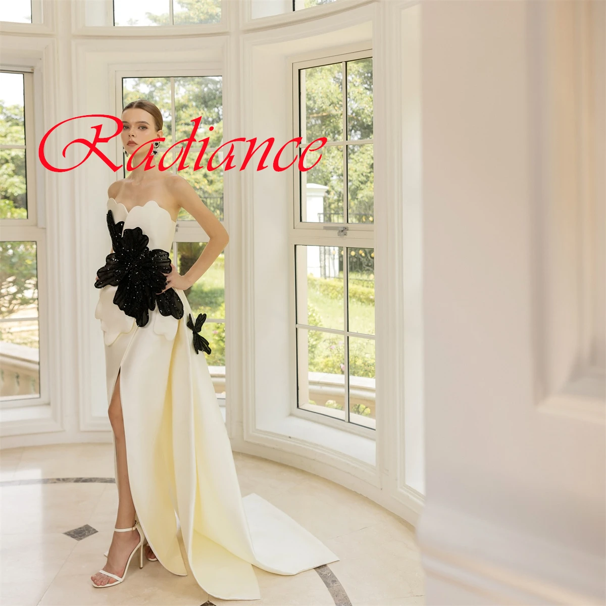 

Customized Formal Ivory Satin Evening Dress Exquisite Strapless Zipper Back Beading Contrast Color Special Occasion Gowns