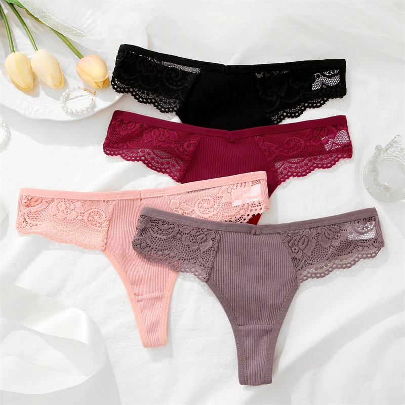 FINETOO 3Pcs Women\'s Cotton Underwear Lace Thongs Sexy Solid Color Low Waist Bikini Panties Ladies Breathable G-string Lingerie