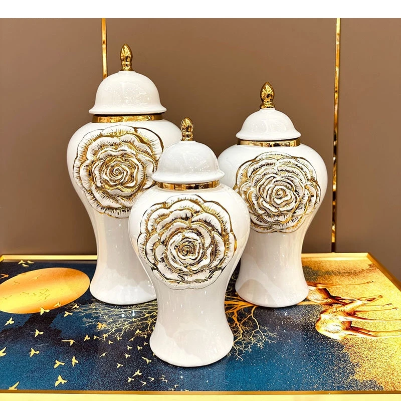 Golden Rose Relief Ceramic Storage Gold-plated Porcelain Ginger Jar Dresser Table Jewelry Organizer Box Cosmetics Container