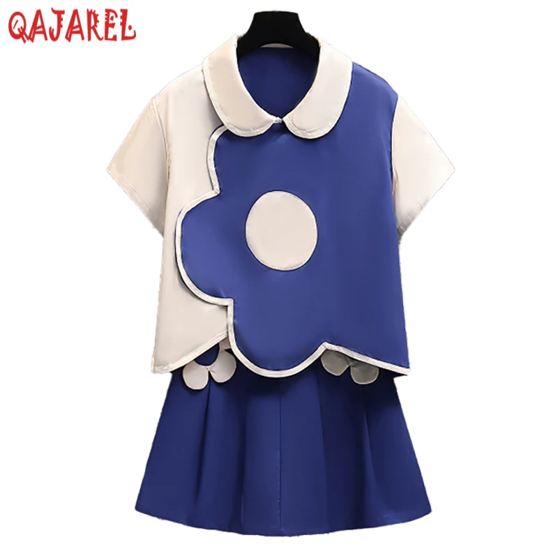 

Summer Patchwork Short Sleeve Polo Collar Top Coat+Floral Kawaii Half Lenth Skirt Sets 2024 Women Korean Fashion Two Piece Sets