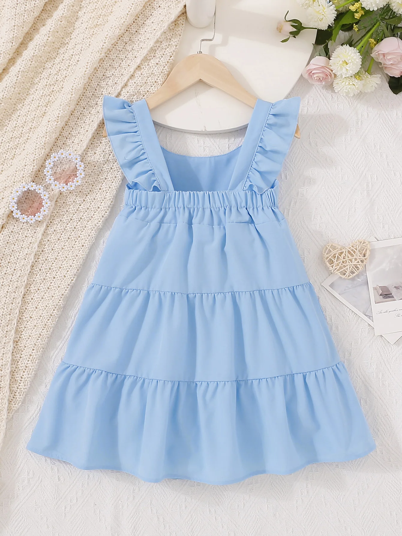 Summer Fresh Blue Girls Dress with Strap Fly Sleeve Shoulder Pure Light Blue Three-Layer Flounce Skirt Cake Skirt