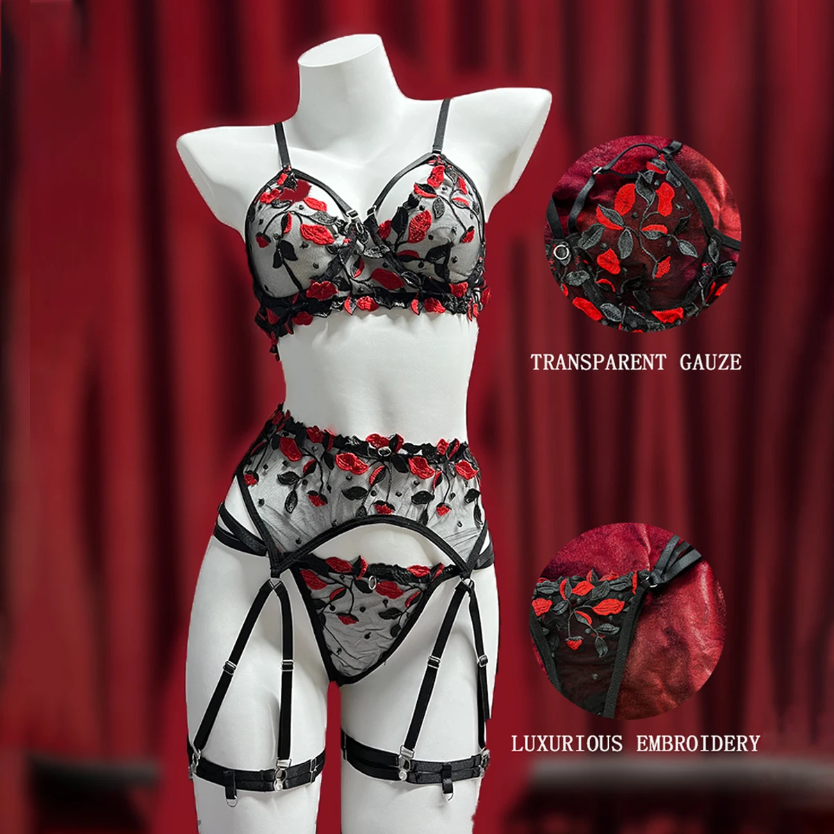 New Sexy Women Lingerie Set Lace Embroidery Push Up Bra Panties Sets Deep V Gather Top See-through Teddies Bodysuit Erotic Sexy