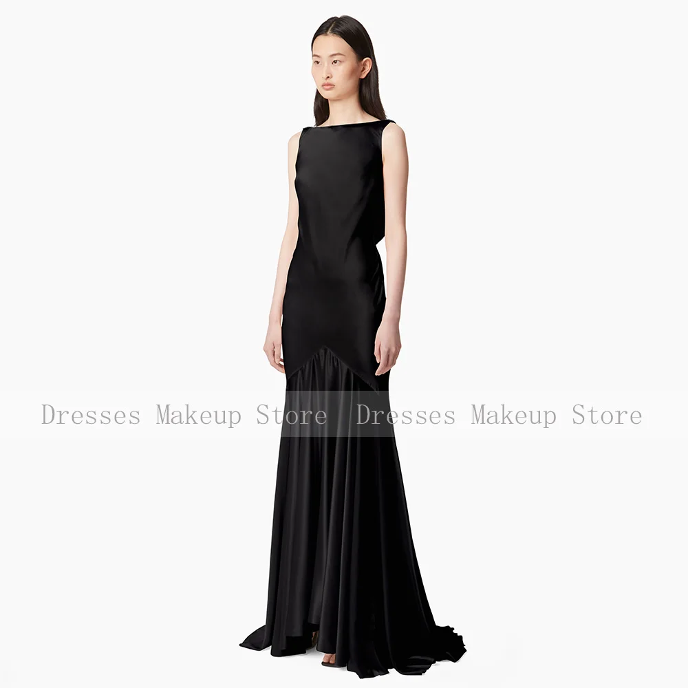 Mermaid Evening Dress Black Satin Backless Boat Neck Trumpet Women's Evening Gowns Long Sleeveless Sleeveless Formal Party Dress