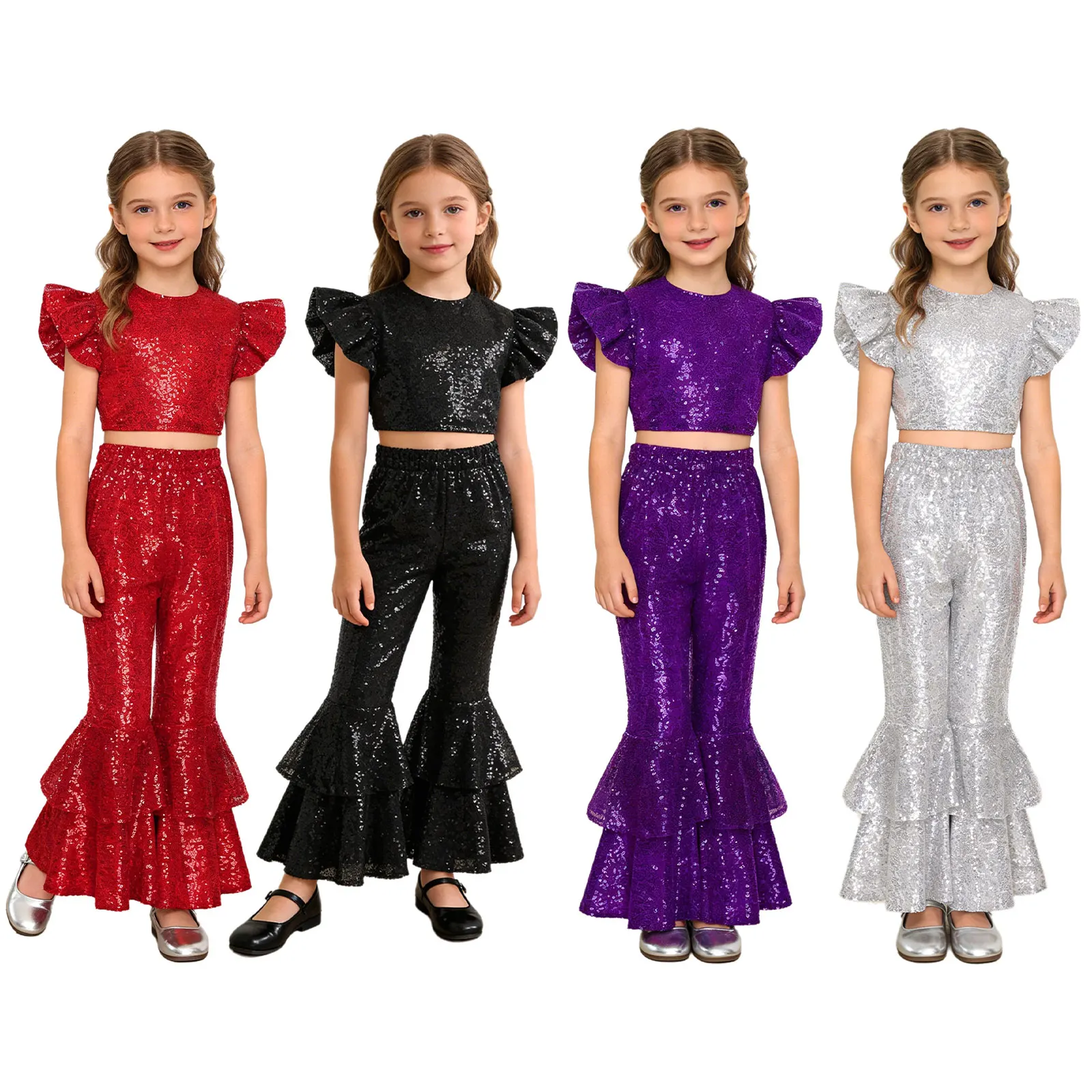 Shiny Sequin Pageants Costume Set for Kids Girls Fly Sleeve Crop Top And Bell Bottom Flare Pants Xmas Birthday Jazz Dance Suit
