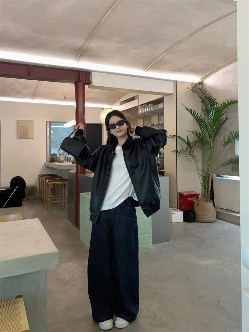 Casual Loose Women's Jaet Bla Collar Patchwork Early Autumn Leather Coat Outerwear Faionable American Sle ort Coat