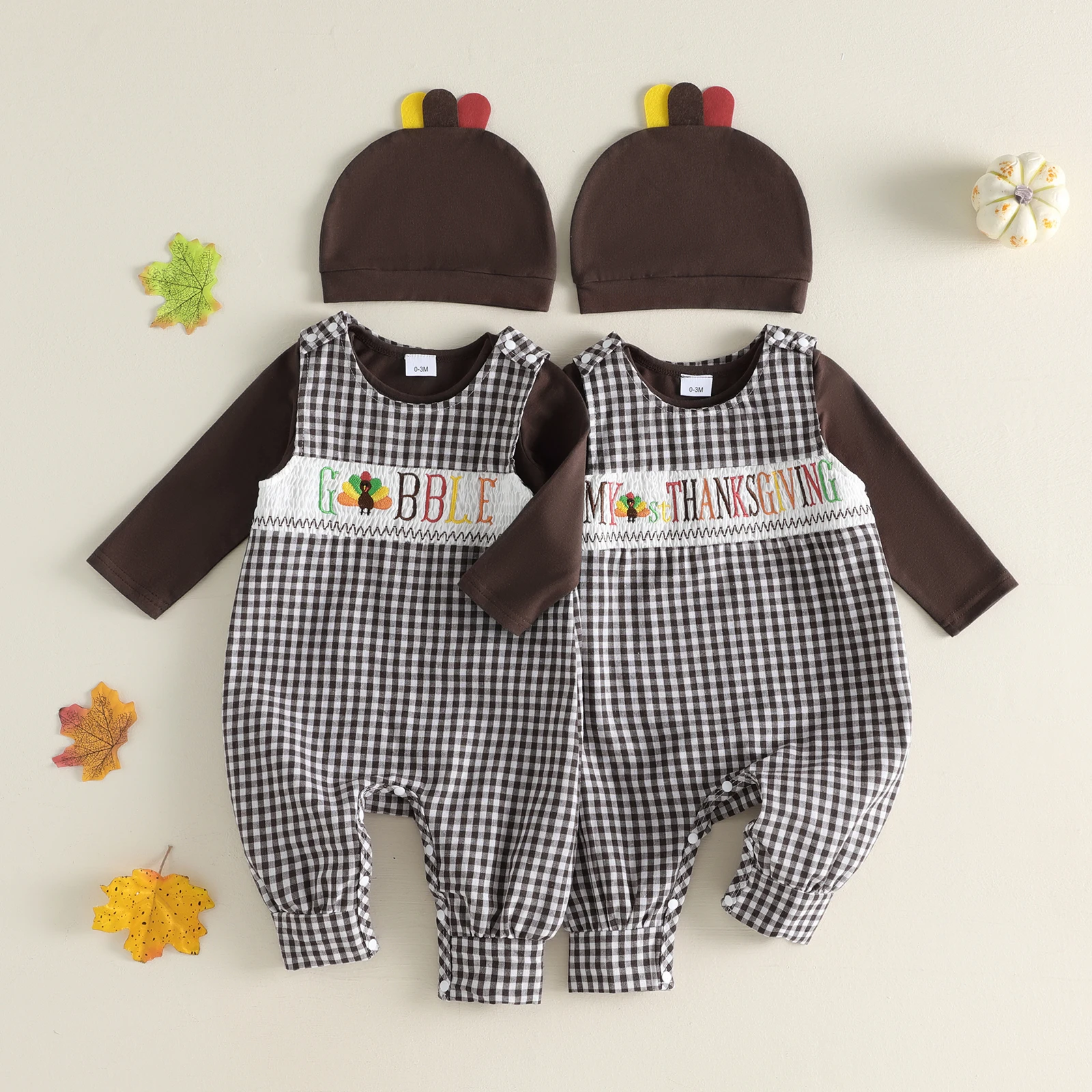 Baby Boy Thanksgiving Day Costume Outfit Long Sleeve Romper Jumpsuit and Hat Fall Clothes 3 Pcs Set