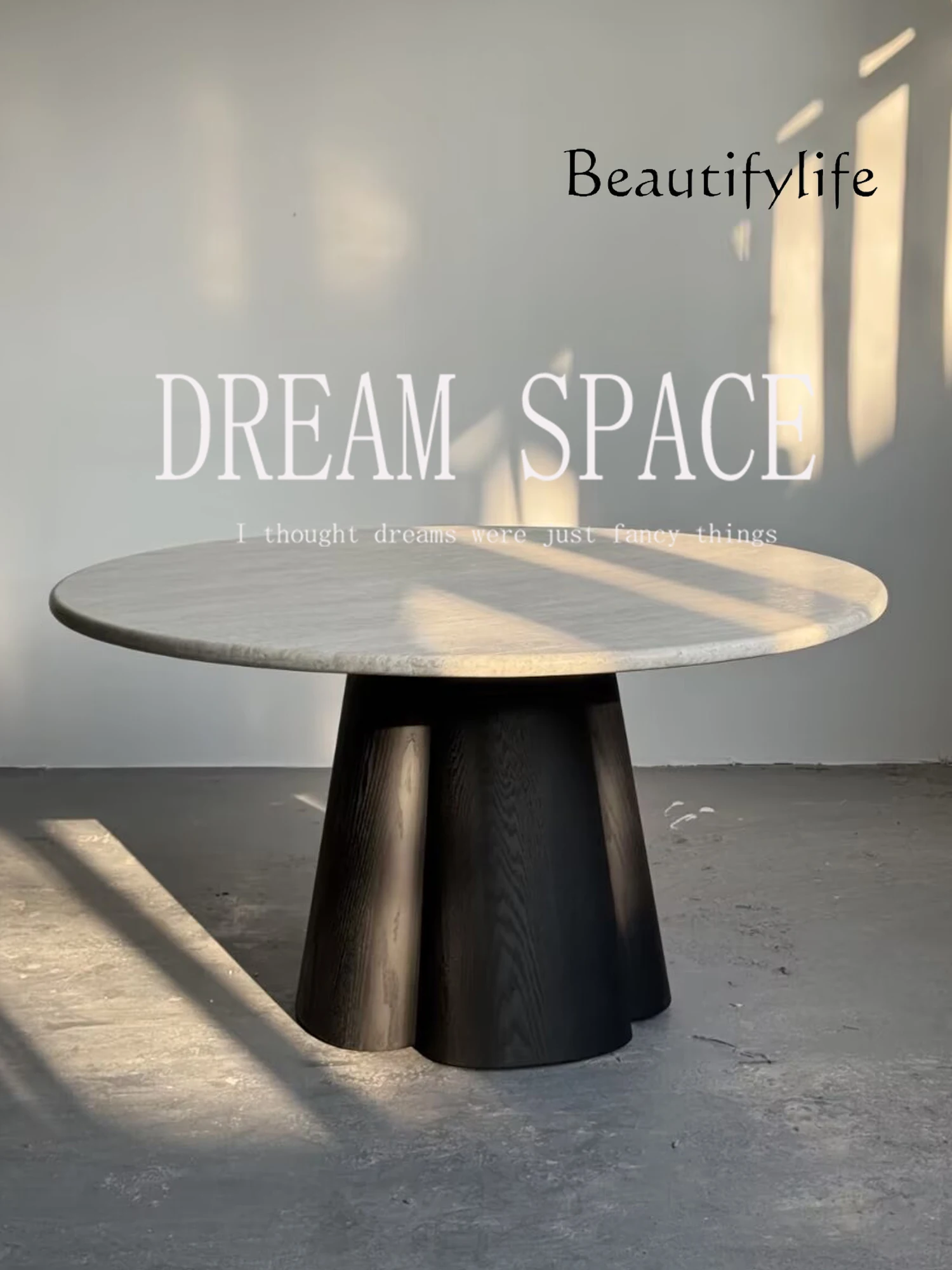 

Medieval solid wood retro round dining table natural marble French dining table household travertine designer