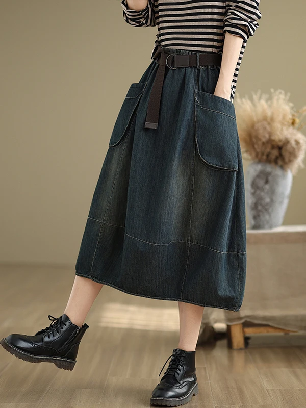 Saia Jeans Plus Size em A para Mulheres, Primavera e Outono, Cintura Elástica, Solta, Casual, Versátil, Crimento Médio, Co...